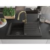 Mexen Bruno granite kitchen sink with drainer and Elia kitchen tap, black/gold metallic - 6513-75-670101-50-B