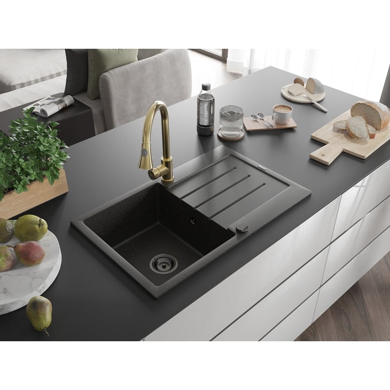 Mexen Bruno granite kitchen sink 1-bowl with drainer and Elia kitchen faucet, black/gold metallic - 6513-75-670101-50-B