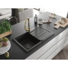 Mexen Bruno 1-bowl granite sink with drainer and Elia kitchen faucet, black/gold metallic - 6513-75-670101-50-B