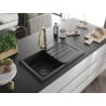 Mexen Bruno granite kitchen sink with drainer and Elia kitchen tap, black/gold metallic - 6513-75-670101-50-B