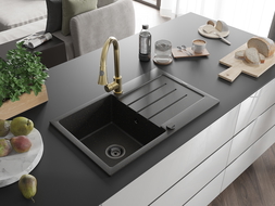 Mexen Bruno 1-compartment granite sink with a drip tray and kitchen mixer tap Elia, Black/Gold metallic - 6513-75-670101-50-B