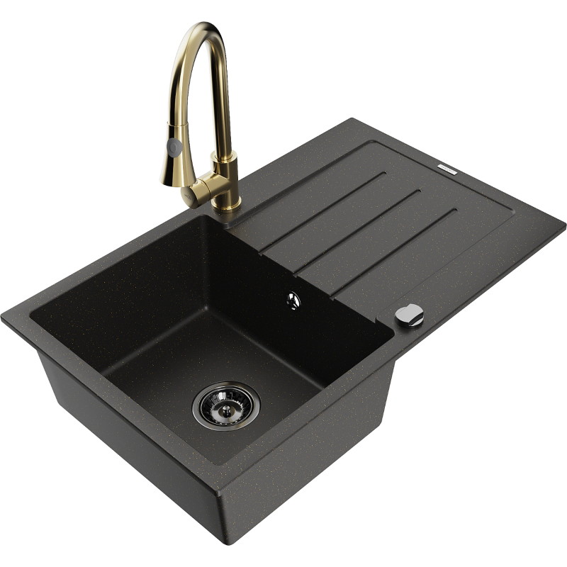 Mexen Bruno granite kitchen sink 1-bowl with drainer and Elia kitchen faucet, black/gold metallic - 6513-75-670101-50-B
