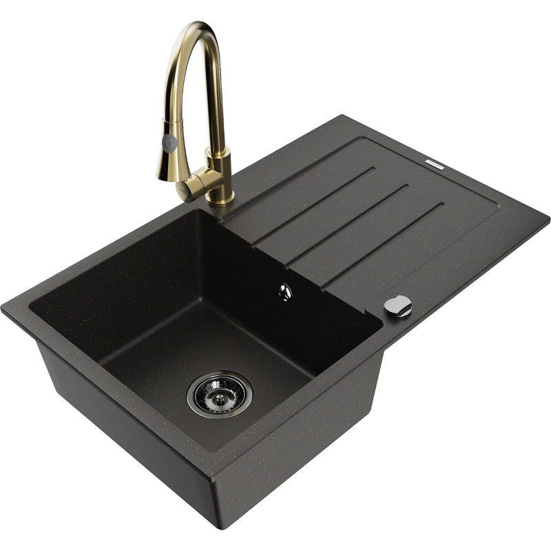 Mexen Bruno granite kitchen sink with drainer and Elia kitchen tap, black/gold metallic - 6513-75-670101-50-B