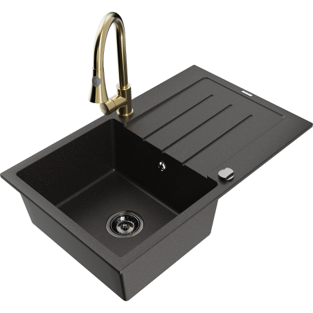 Mexen Bruno 1-bowl granite sink with drainer and Elia kitchen faucet, black/gold metallic - 6513-75-670101-50-B
