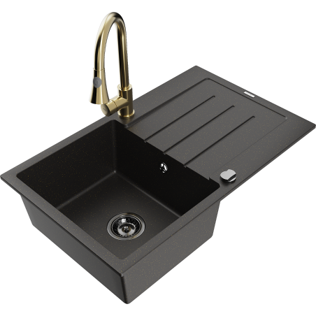 Mexen Bruno granite kitchen sink 1-bowl with drainer and Elia kitchen faucet, black/gold metallic - 6513-75-670101-50-B