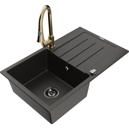 Mexen Bruno granite kitchen sink with drainer and Elia kitchen tap, black/gold metallic - 6513-75-670101-50-B