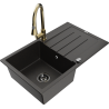Mexen Bruno 1-bowl granite sink with drainer and Elia kitchen faucet, black/gold metallic - 6513-75-670101-50-B