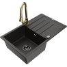 Mexen Bruno granite kitchen sink 1-bowl with drainer and Elia kitchen faucet, black/gold metallic - 6513-75-670101-50-B