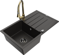 Mexen Bruno 1-bowl granite sink with drainer and Elia kitchen faucet, black/gold metallic - 6513-75-670101-50-B