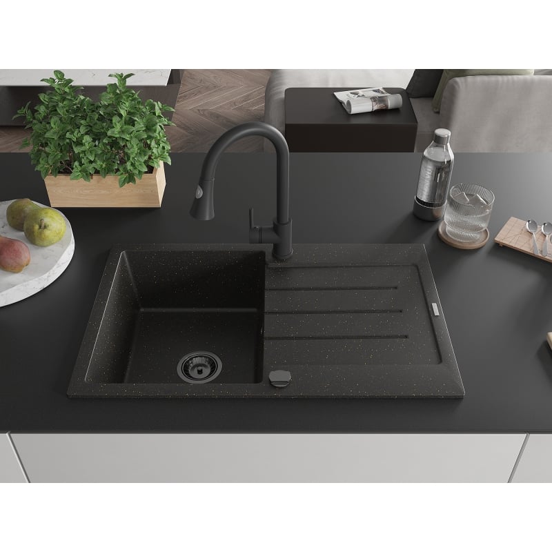Mexen Bruno granite sink 1-bowl with drainer and kitchen faucet Elia, black/gold metallic - 6513-75-670101-70-B