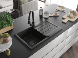 Mexen Bruno 1-bowl granite kitchen sink with drainer and Elia kitchen faucet, black/gold metallic - 6513-75-670101-70-B