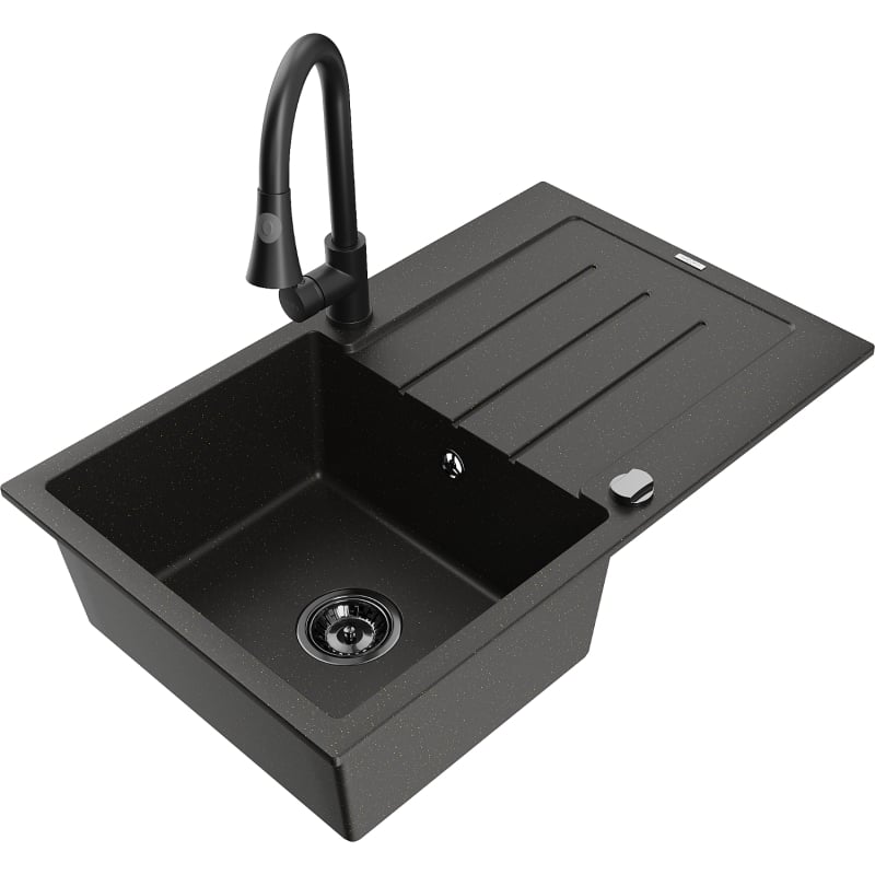 Mexen Bruno 1-bowl granite kitchen sink with drainer and Elia kitchen faucet, black/gold metallic - 6513-75-670101-70-B