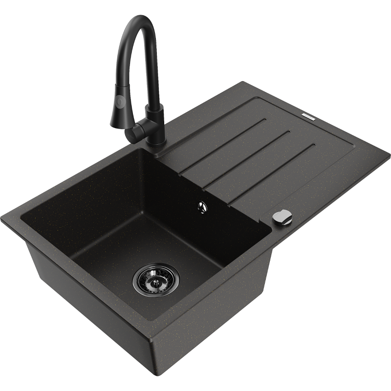 Mexen Bruno 1-compartment granite sink with a drip tray and kitchen mixer tap Elia, Black/Gold metallic - 6513-75-670101-70-B