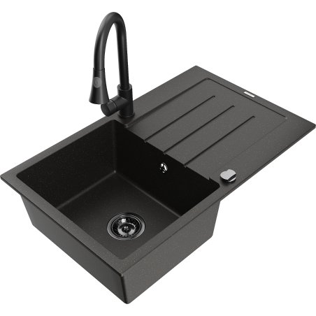 Mexen Bruno 1-bowl granite kitchen sink with drainer and Elia kitchen faucet, black/gold metallic - 6513-75-670101-70-B