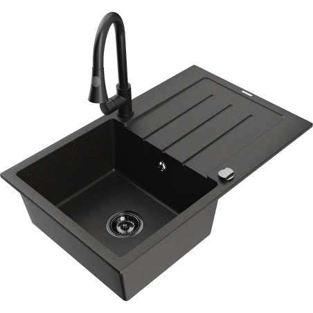 Mexen Bruno granite sink 1-bowl with drainer and kitchen faucet Elia, black/gold metallic - 6513-75-670101-70-B