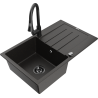 Mexen Bruno 1-bowl granite kitchen sink with drainer and Elia kitchen faucet, black/gold metallic - 6513-75-670101-70-B