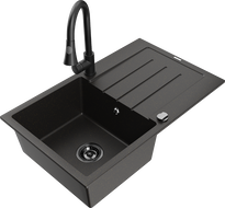 Mexen Bruno 1-bowl granite kitchen sink with drainer and Elia kitchen faucet, black/gold metallic - 6513-75-670101-70-B