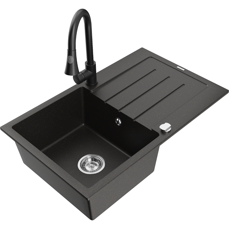 Mexen Bruno 1-compartment granite sink with a drip tray and kitchen mixer tap Elia, Black/Gold metallic - 6513-75-670101-70