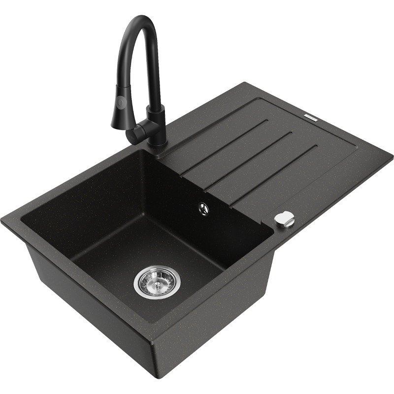 Mexen Bruno granite sink 1-bowl with drainer and Elia kitchen faucet, black/gold metallic - 6513-75-670101-70