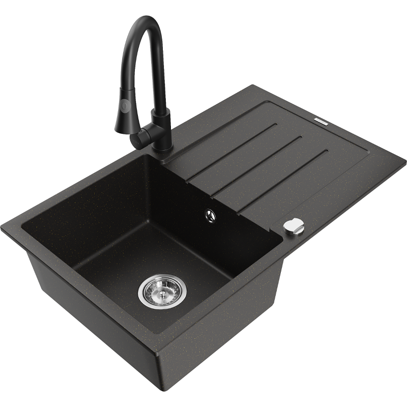 Mexen Bruno single-bowl granite sink with drainer and Elia kitchen tap, black/golden metallic - 6513-75-670101-70