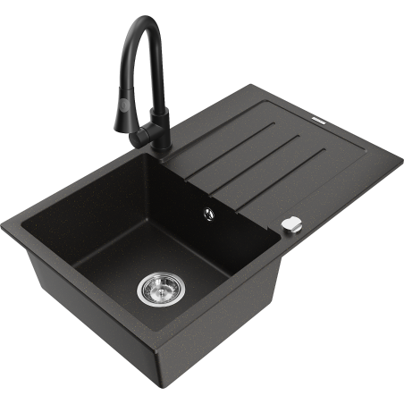 Mexen Bruno granit sink 1-bowl with drainer and Elia kitchen faucet, black/gold metallic - 6513-75-670101-70