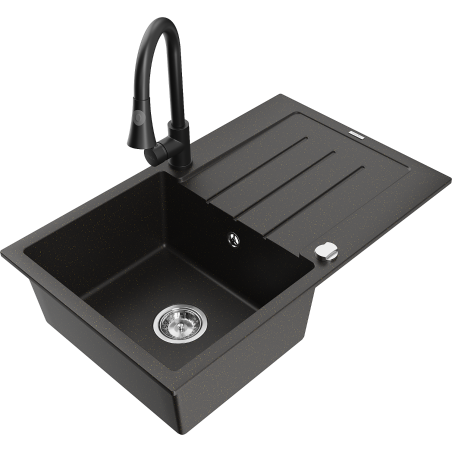 Mexen Bruno single-bowl granite sink with drainer and Elia kitchen tap, black/golden metallic - 6513-75-670101-70