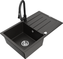 Mexen Bruno granit sink 1-bowl with drainer and Elia kitchen faucet, black/gold metallic - 6513-75-670101-70