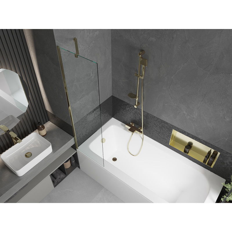 Mexen Vega rectangular bathtub 150 x 70 cm with casing and 1-wing screen 50 cm, transparent, gold - 550115070X9505000050