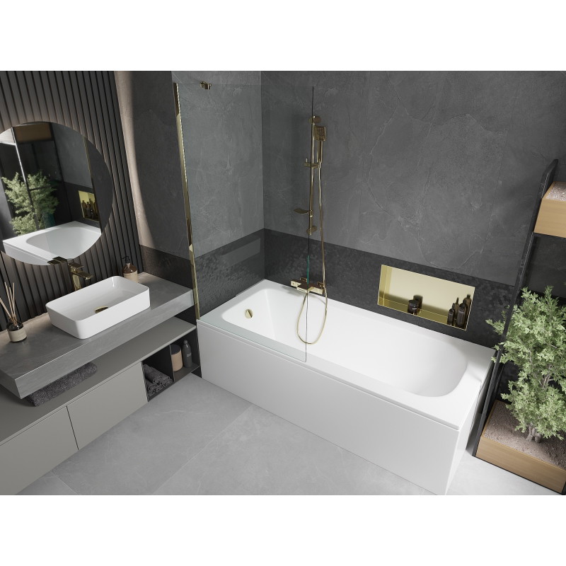 Mexen Vega rectangular bathtub 170 x 70 cm with housing and 1-leaf screen 90 cm, transparent, gold - 550117070X9509000050