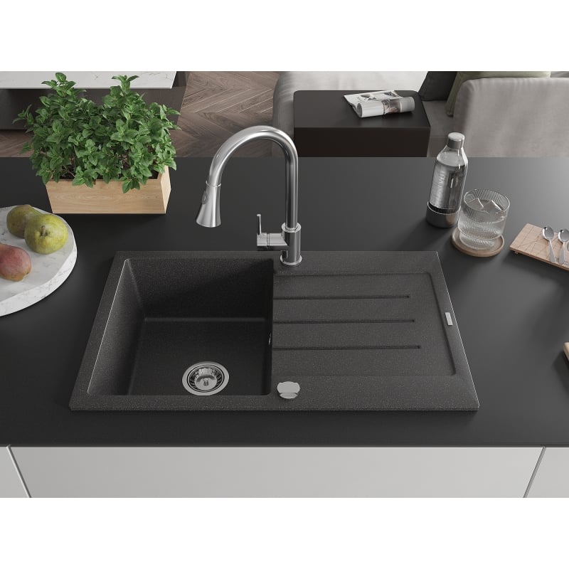 Mexen Bruno 1-bowl granite kitchen sink with drainer and Elia kitchen faucet, black speckled - 6513-76-670101-00