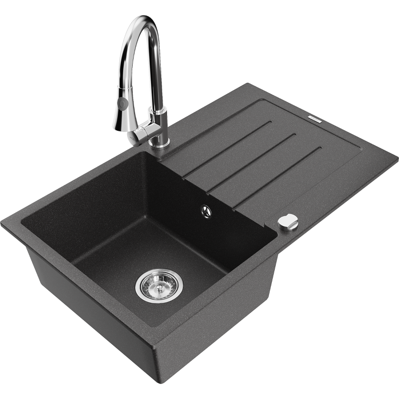 Mexen Bruno 1-compartment granite sink with a drip tray and kitchen mixer tap Elia, spotted black - 6513-76-670101-00