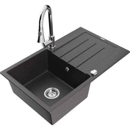 Mexen Bruno 1-bowl granite kitchen sink with drainer and Elia kitchen faucet, black speckled - 6513-76-670101-00