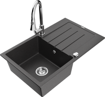 Mexen Bruno 1-bowl granite sink with drainer and Elia kitchen faucet, black speckled - 6513-76-670101-00