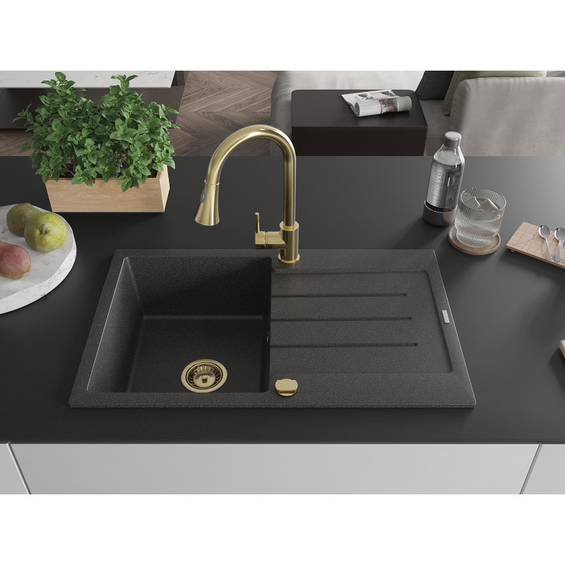 Mexen Bruno granite single-bowl sink with drainer and kitchen faucet Elia, black speckled - 6513-76-670101-50