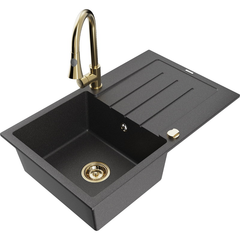 Mexen Bruno 1-bowl granite sink with drainer and Elia kitchen faucet, black speckled - 6513-76-670101-50