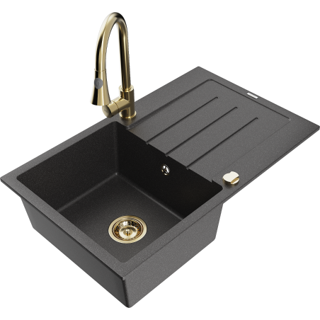 Mexen Bruno granite single-bowl sink with drainer and kitchen faucet Elia, black speckled - 6513-76-670101-50