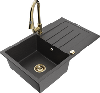 Mexen Bruno granite single-bowl sink with drainer and kitchen faucet Elia, black speckled - 6513-76-670101-50