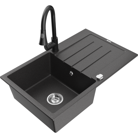 Mexen Bruno granite kitchen sink 1-bowl with drainer and Elia kitchen faucet, black speckled - 6513-76-670101-70