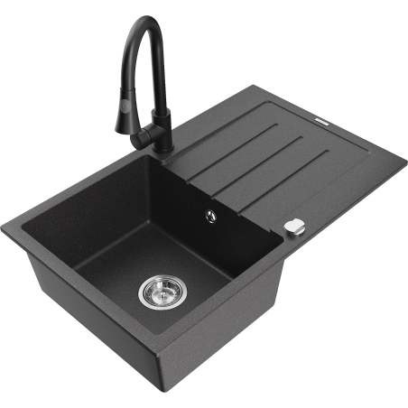 Mexen Bruno granite sink 1-bowl with drainer and Elia kitchen tap, speckled black - 6513-76-670101-70