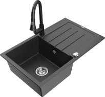 Mexen Bruno granite kitchen sink 1-bowl with drainer and Elia kitchen faucet, black speckled - 6513-76-670101-70