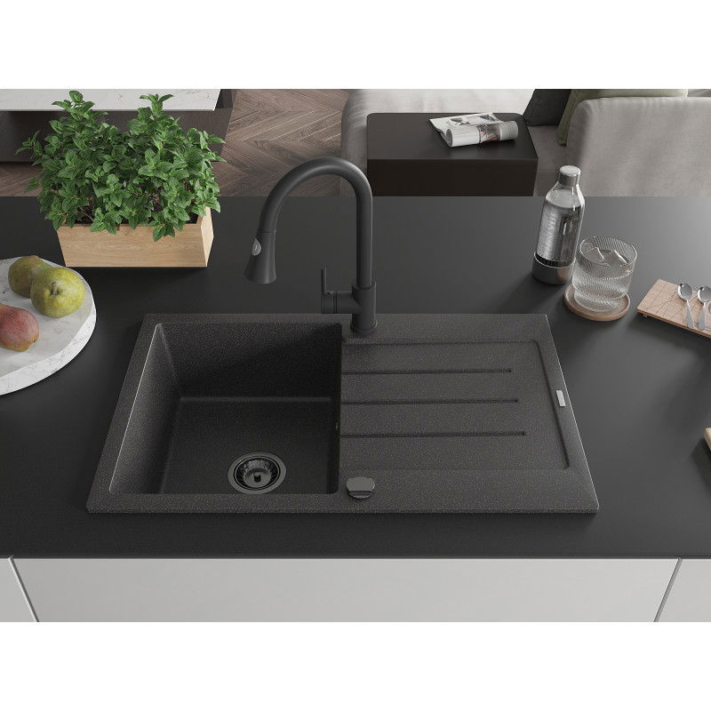Mexen Bruno single-bowl granite sink with drainer and Elia kitchen tap, speckled black - 6513-76-670101-70-B