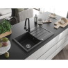 Mexen Bruno 1-bowl granite sink with drainer and Elia kitchen faucet, speckled black - 6513-76-670101-70-B
