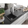 Mexen Bruno single-bowl granite sink with drainer and Elia kitchen faucet, black speckled - 6513-76-670101-70-B