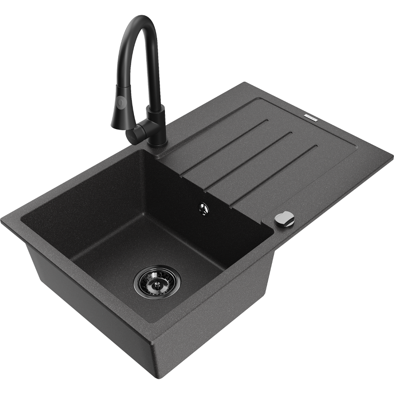 Mexen Bruno single-bowl granite sink with drainer and Elia kitchen tap, speckled black - 6513-76-670101-70-B