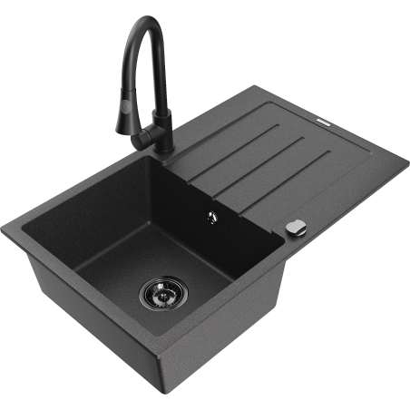 Mexen Bruno single-bowl granite sink with drainer and Elia kitchen faucet, black speckled - 6513-76-670101-70-B