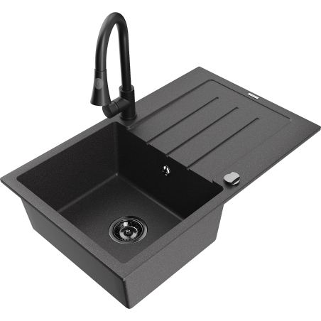 Mexen Bruno single-bowl granite sink with drainer and Elia kitchen tap, speckled black - 6513-76-670101-70-B