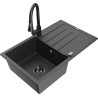 Mexen Bruno single-bowl granite sink with drainer and Elia kitchen faucet, black speckled - 6513-76-670101-70-B