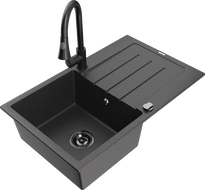 Mexen Bruno single-bowl granite sink with drainer and Elia kitchen faucet, black speckled - 6513-76-670101-70-B