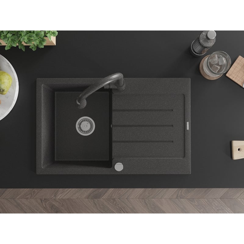 Mexen Bruno granite kitchen sink 1-bowl with drainer and kitchen faucet Elia, black speckled - 6513-76-670101-76