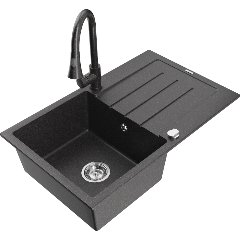 Mexen Bruno 1-bowl granite sink with drainer and Elia kitchen tap, black speckled - 6513-76-670101-76